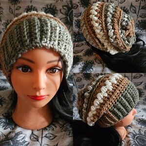 Crochet Green And Brown Slouchy Woodland Beanie Hat